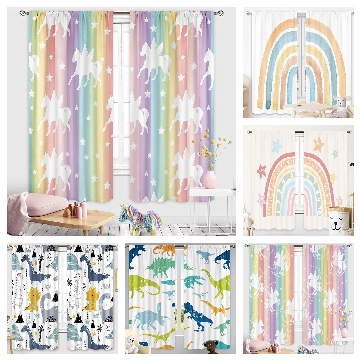 

Rainbow Unicorn Curtains Girls Bedroom Decor Boys Dinosaur Curtain Colorful Cartoon Dino for Kids Safari Wildlife Window Drapes