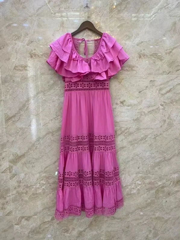 

Женское длинное платье с вышивкой, белое, розовое или черное повседневное ажурное платье макси с бантом на спине и оборками, лето 2023