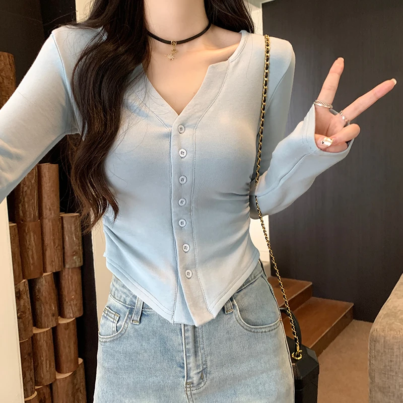 Новые сексуальные футболки с v-образным вырезом и длинными рукавами женская