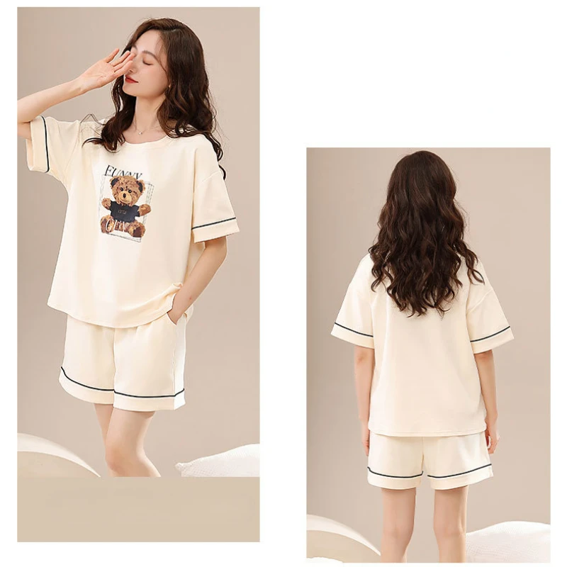 Women's Sleepwear Summer Thin Cool Feeling Short-sleeved Shorts Pure Cotton Pajamas Printed Nightwear Comfortable Loungewear