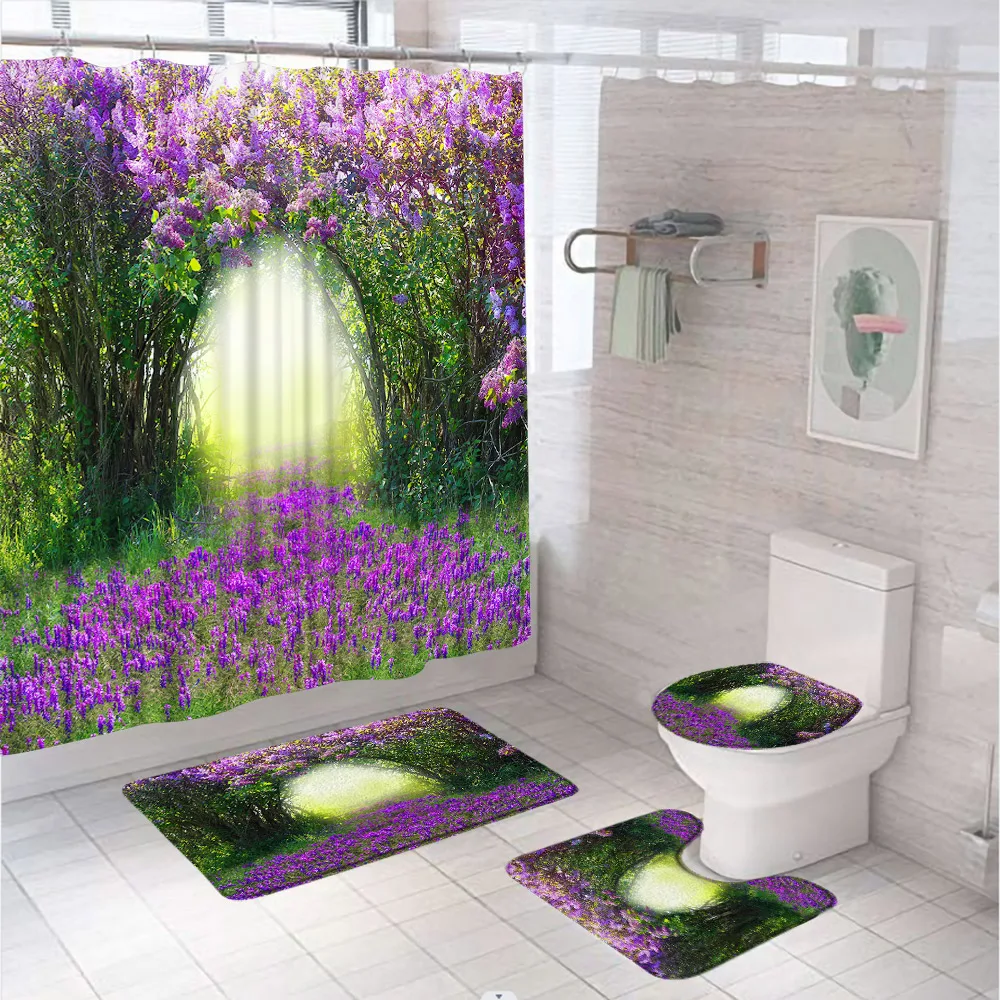 

Purple Flowers Vine Bathroom Shower Curtain Set Garden Scenery Fabric Screen Anti-slip Bath Mat Toilet Lid Cover Carpet Rug Home