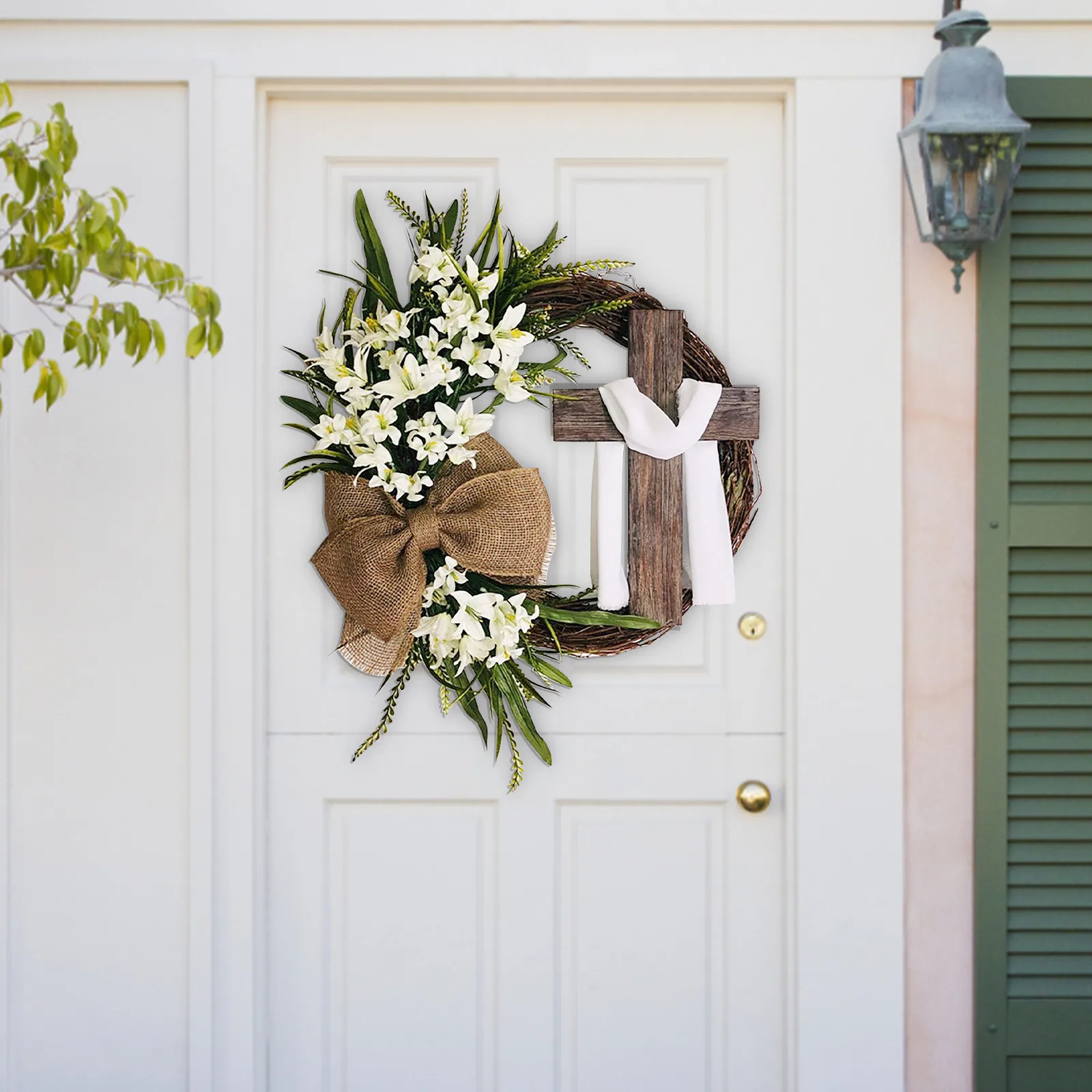 

Easter Wreath With Cross Garland Simulation Plant Flower Link Day Decorations Home Door Grand Tree Gift Party Ornament