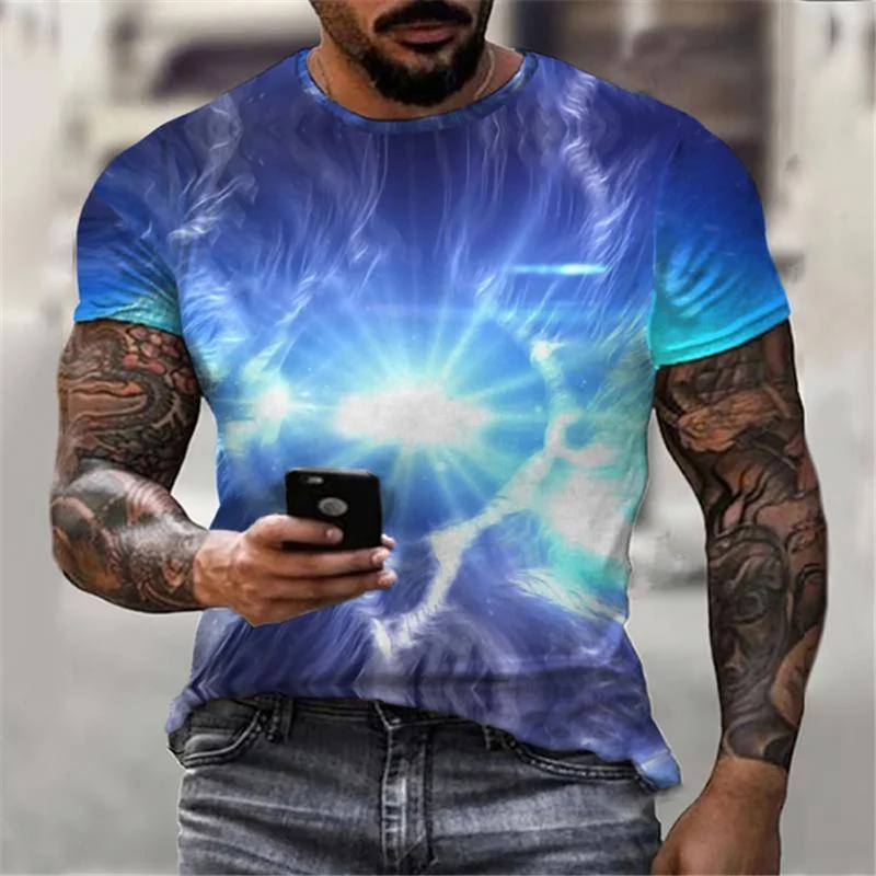 

Футболка мужская с цифровым 3D принтом, цветная спортивная одежда с коротким рукавом, крутая летняя с принтом звездного неба, молнии