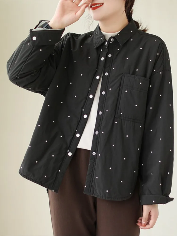 Осеннее стеганое хлопковое пальто большого размера женское в горошек с принтом