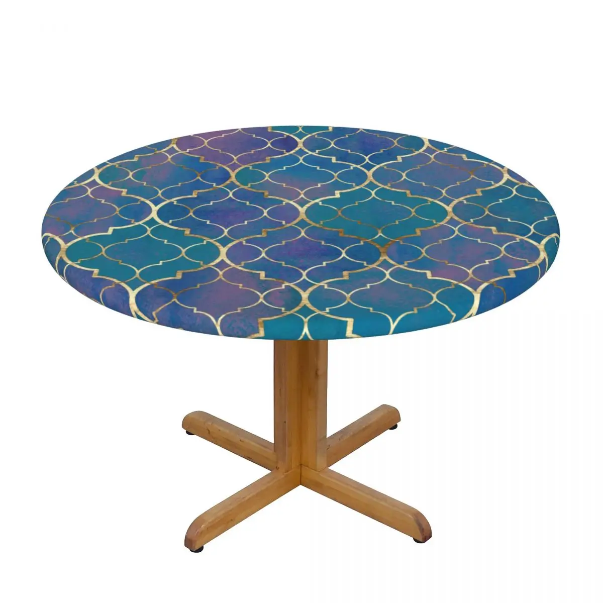 

Round Table Cover Cloth Protector Polyester Tablecloth Watercolor Geometric Moroccan Fitted Table Cover with Elastic Edged
