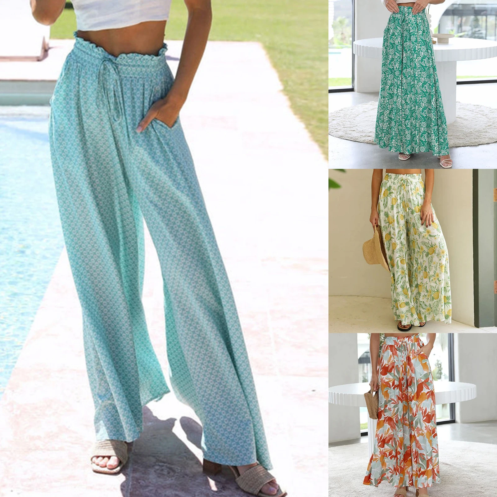 

Printed Summer Pant Wide Leg Ladies Sexy Long Pants Elastic Waist Pant with Pockets Boho Style Loose Fit Tie Up Vacation Outfit