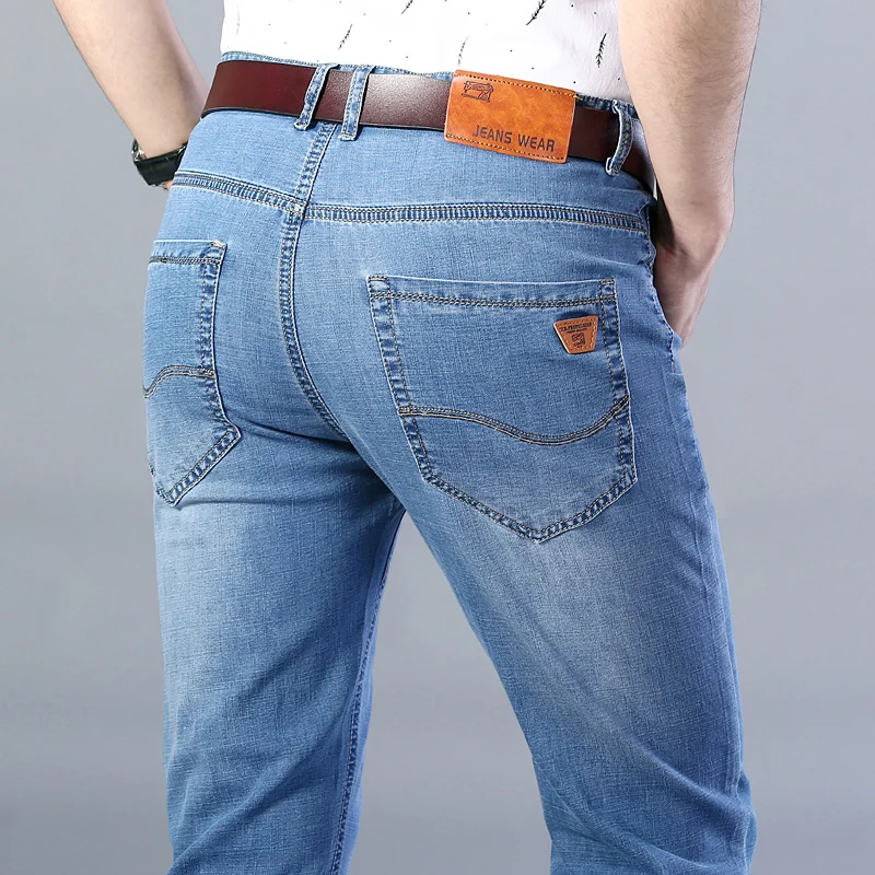 

Classic Lightweight Casual Business Fit Middle Cotton Jeans Summer Men Spring Thin Straight Pocket Pants Waist Elastic 2023
