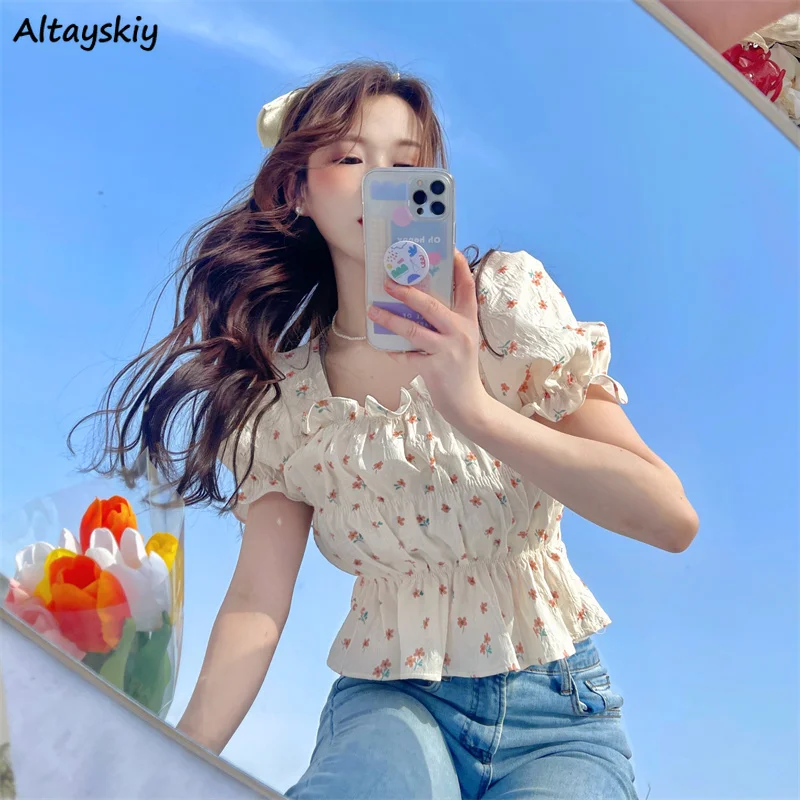 

Floral Blouses for Women Cute Sweet Preppy Harajuku Korean Style Summer Tops New Arrival Stylish Aesthetic Vintage Mujer M-4XL