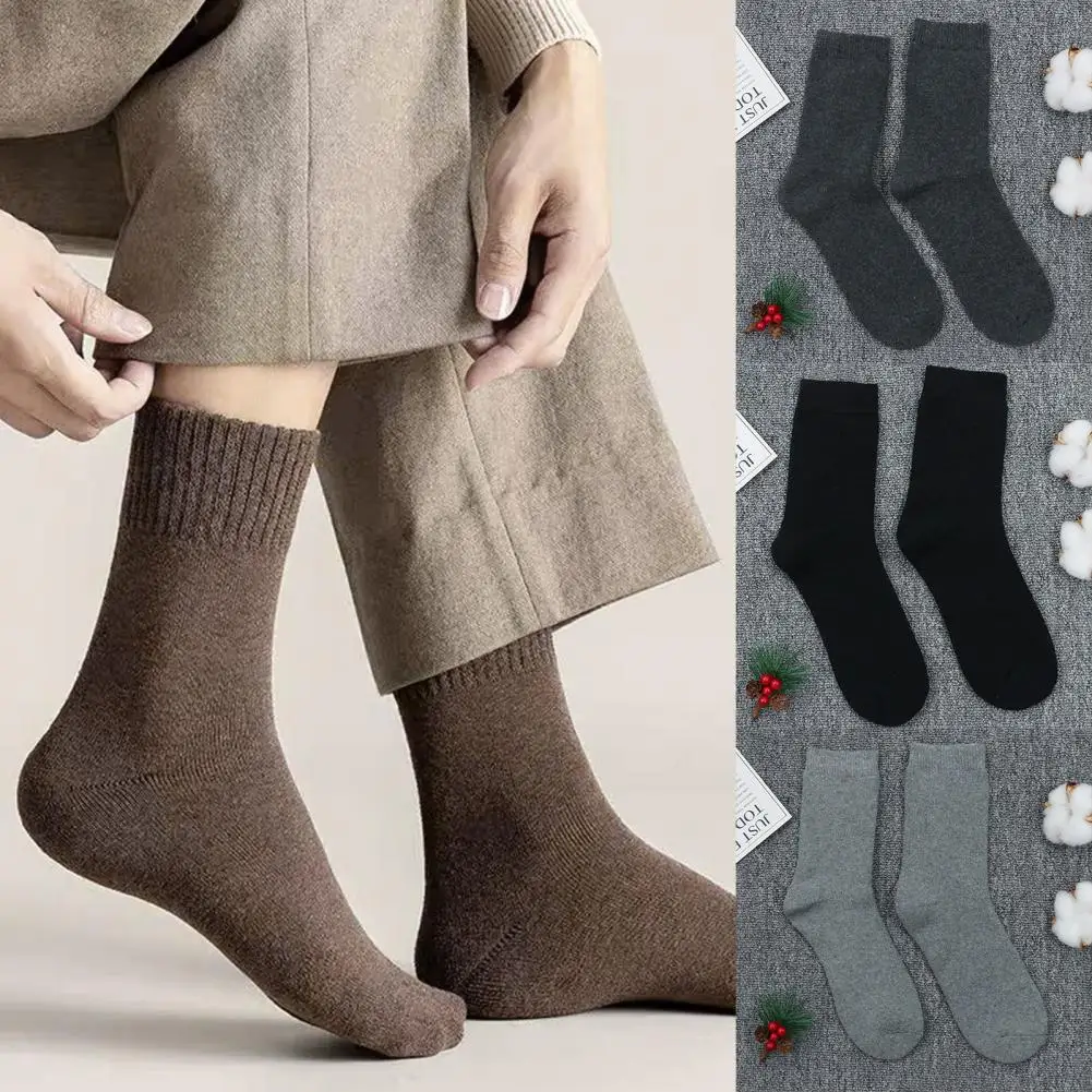 

1 Pair Winter Socks Mid-Tube Ribbed Stretchy Windproof Lint-free Keep Warm Sweat Absorption Winter Plus Plush Thicken Men Socks