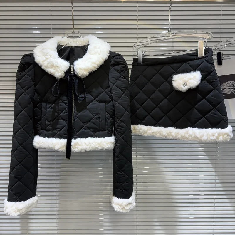 

PREPOMP 2023 зимняя новая коллекция воротник из искусственного меха хлопковая куртка короткая юбка комплект из двух предметов женская одежда GM243