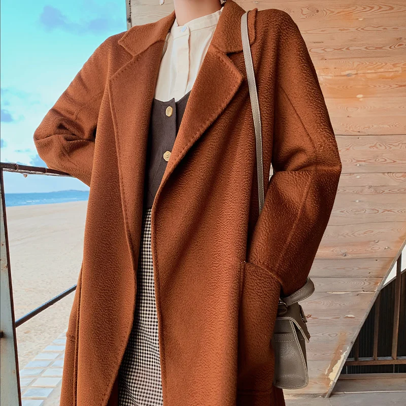 

100% Wool Ayunsue Women Winter Jacket Handmade Water Ripple Cashmere Overcoat Belted Trench Coat Female Casaco Feminino