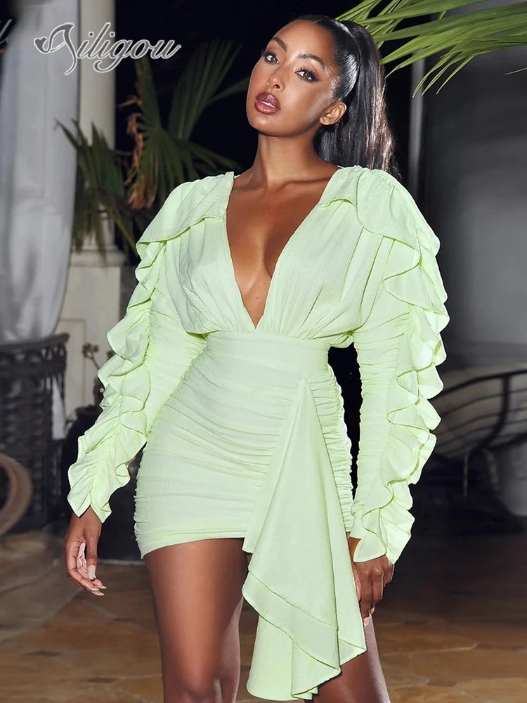 

Женское мини-платье Ailigou, Осеннее однотонное платье с длинным рукавом, V-образным вырезом и оборками, сексуальное платье для рождественской ...