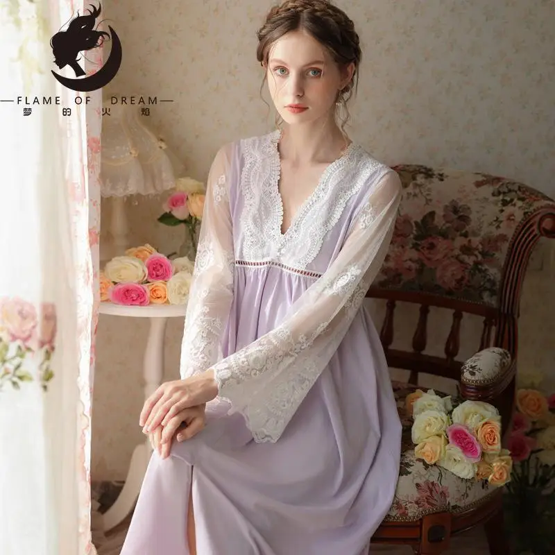 2023 New sleepwear French High-grade Lace Spring And Autumn Long Cotton Mesh Embroidery Long Sleeve V-neck Sexy Nightgown