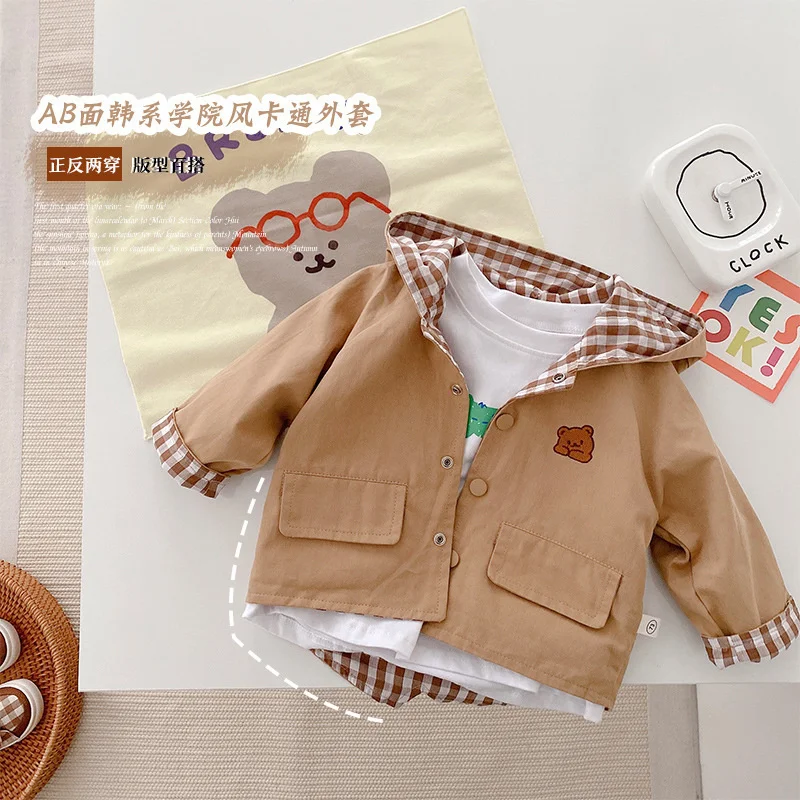 

Hot Sale Spring New Children's Korean Baby Boy Clothing Clothes Style Lovely Canvas Double-sided Plaid Outer Casual Coat Autumn
