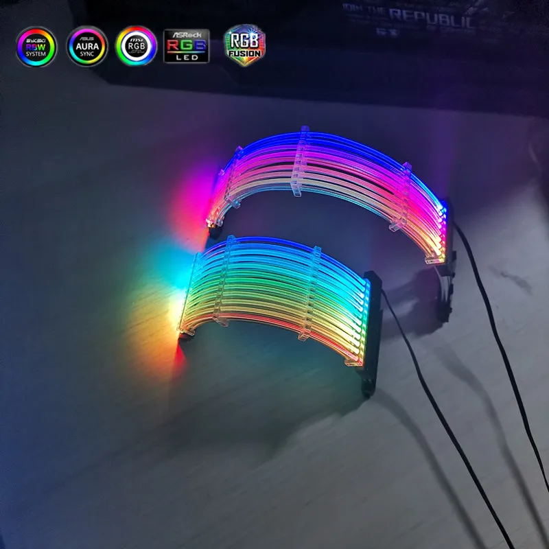 

Удлинительный кабель PSU RGB, ATX 24Pin GPU 8Pin Triple Streamer PCI-E 6 + 2P Dual Rainbow Cord 5V Sync, украшение для чехла ПК