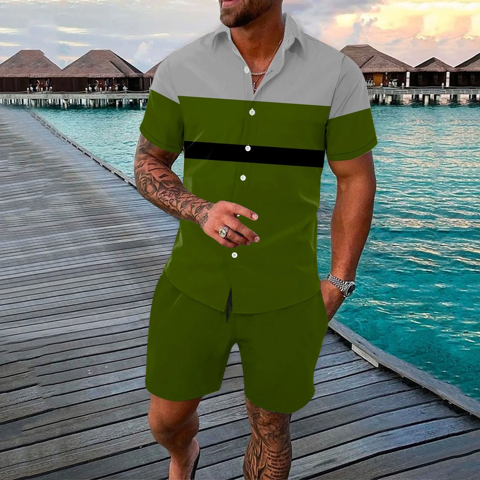 Men 2 Piece Suit Color Block Shirts Solid Color Shorts Male Set Beach Lapel Collar Beachwear Ropa Hombre Outfits Conjuntos New