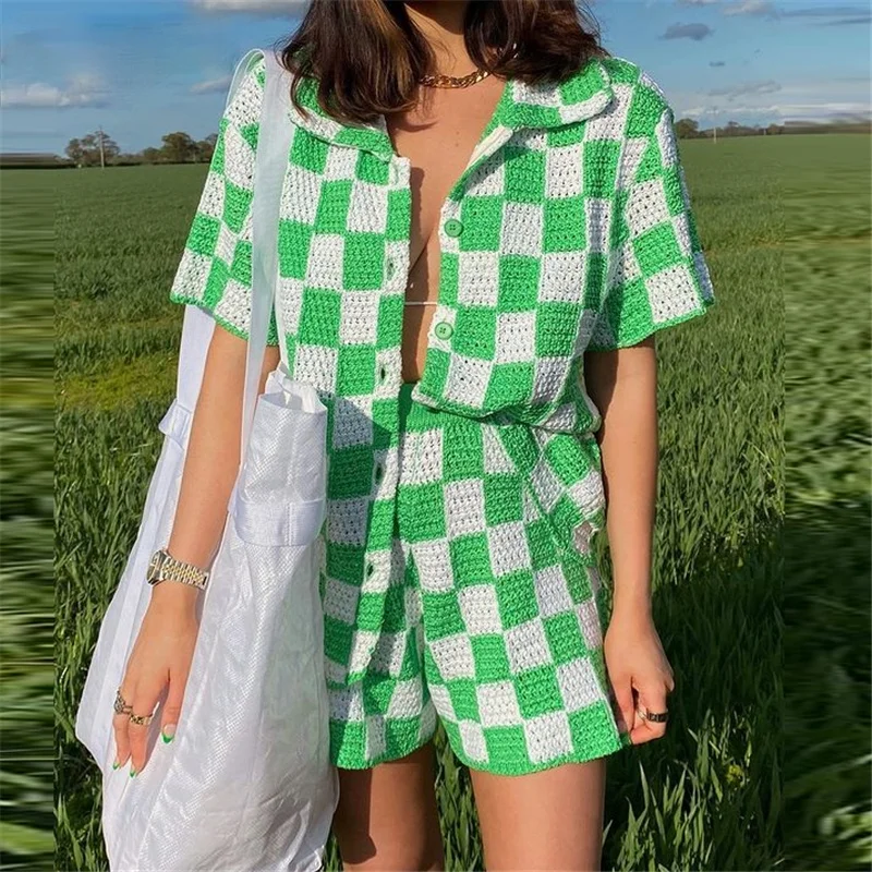 

2021 Casual Knit Lounge Wear Women Tracksuit Summer Shorts Set Green Plaid Shirt Tops And Mini Loose Shorts Two Piece Set