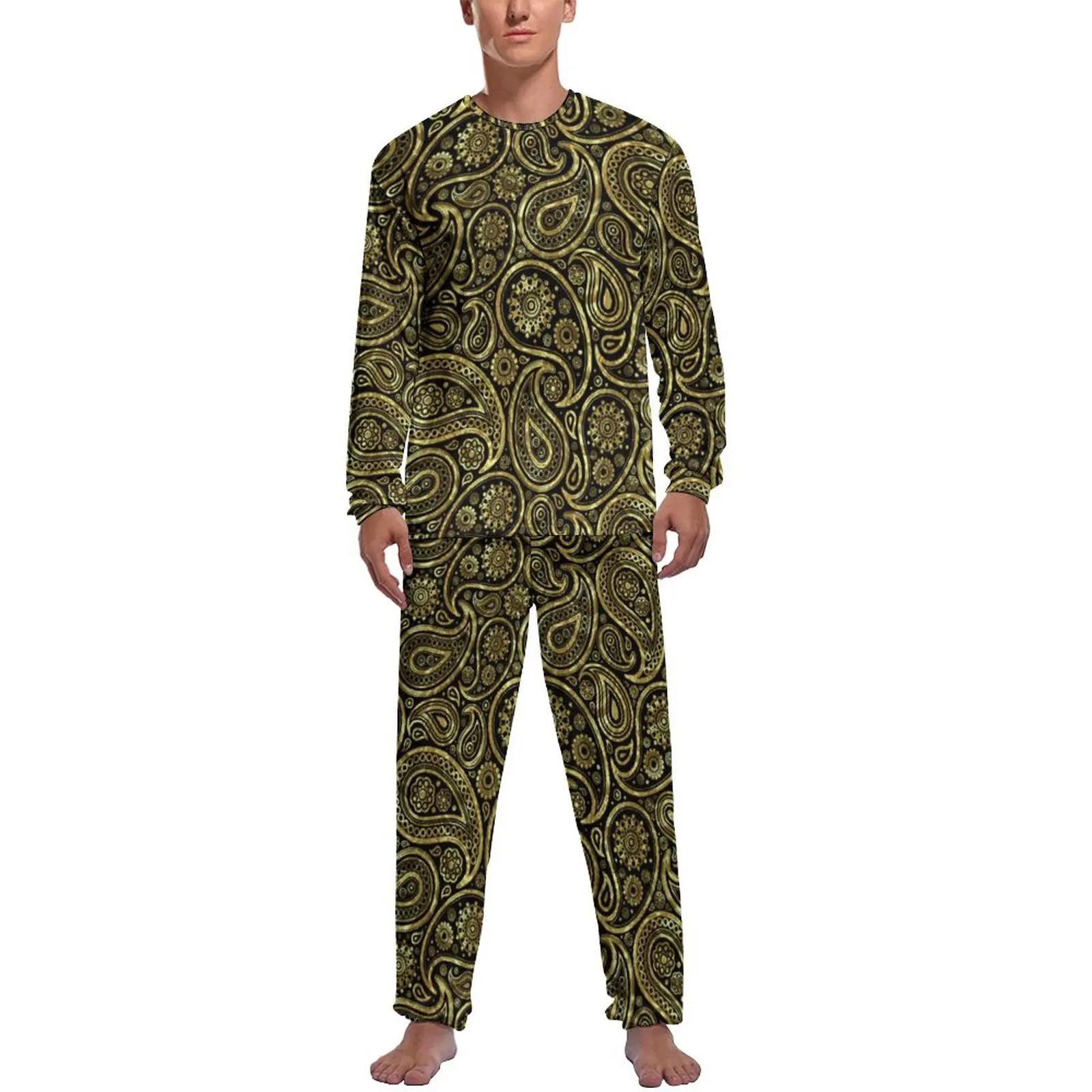 Gold Paisley Print Pajamas Long-Sleeve Vintage Floral 2 Pieces Sleep Pajama Sets Autumn Men Graphic Elegant Sleepwear