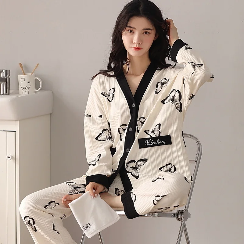 

Women's Pajamas Sets Cotton Sleepwear Long-Sleeved Trousers Suit Korean Cardigan V-neck Kimono Plus Size Home Clothes For Women