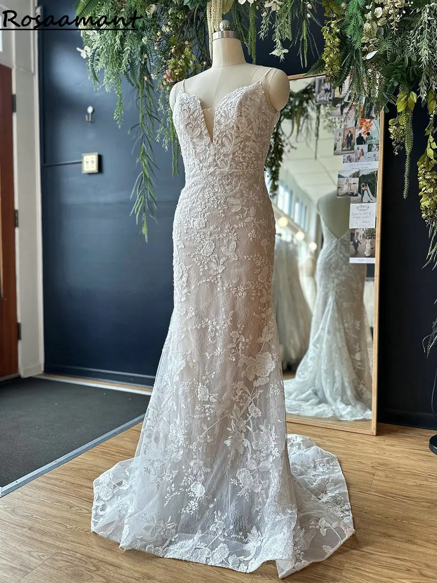 

Real Image Open Back Spaghetti Straps Mermaid Wedding Dresses Sleeveless Appliques Lace Boho Bridal Gowns
