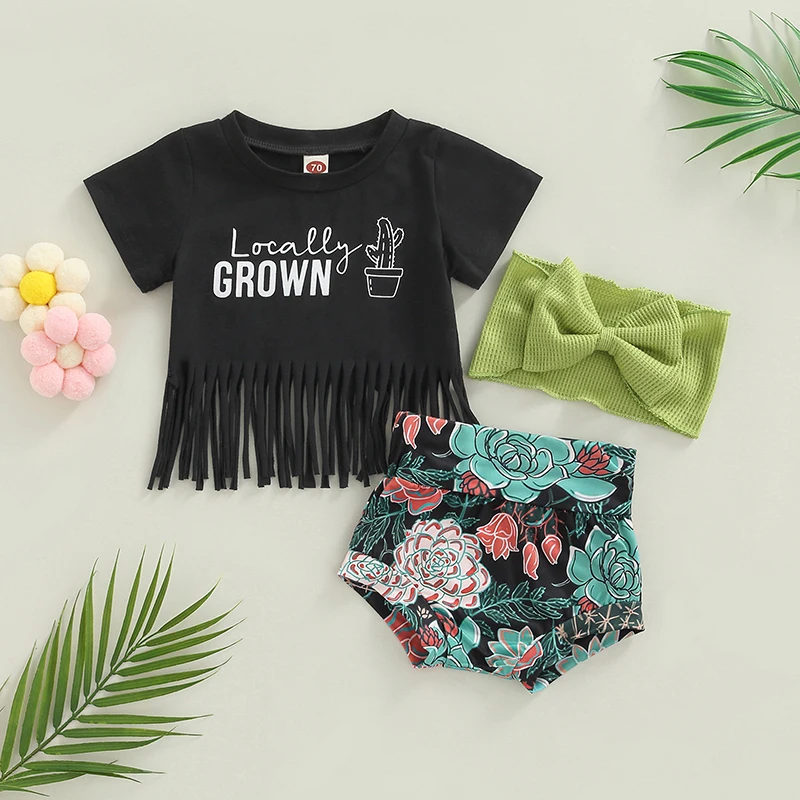 

0-24M Newborn Baby Girls Summer Shorts Clothes Set Letters Print Tasseled T-shirt with Flower Shorts and Bowknot Hairband Sets