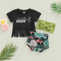 0 24m newborn baby girls summer shorts clothes set letters print tasseled t shirt with flower shorts and bowknot hairband sets