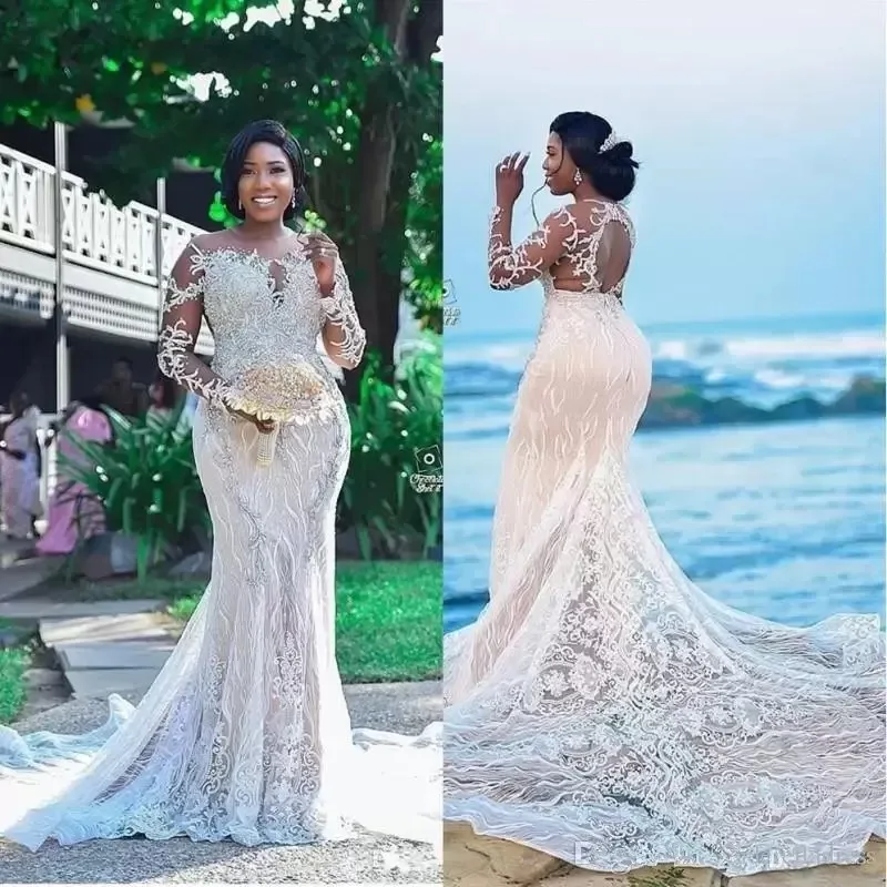 

New Luxurious Lace Beaded African Wedding Dresses Mermaid Sheer Neck Bridal Dresses Long Sleeves Vintage Sexy Wedding Gowns