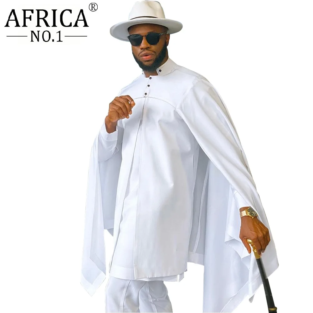African Men Clothing for Party Wedding Agbada Robe Dashiki Printed Coats Ankara Pants and Hat 3 Piece Set Tribal Suit