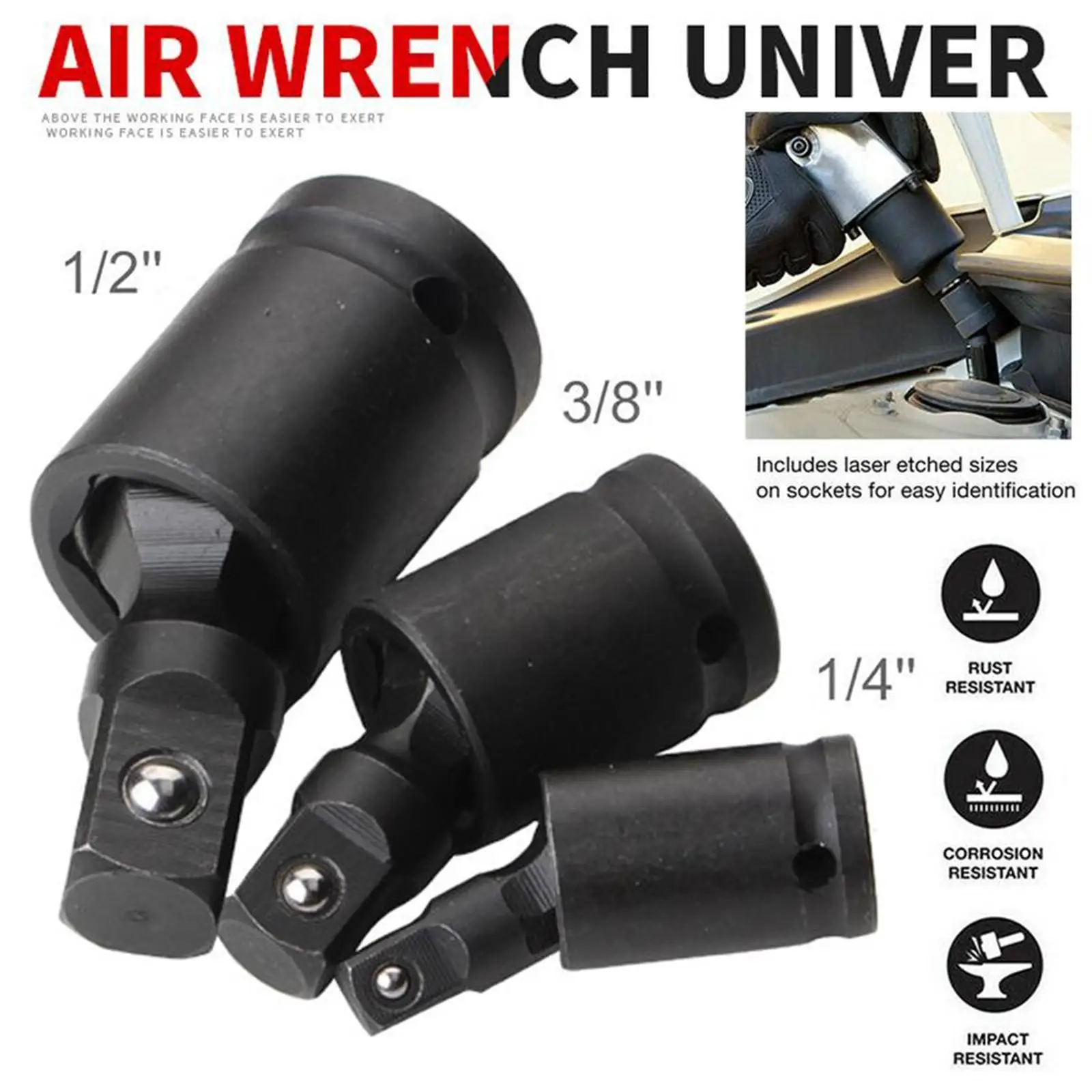 360 Degree Swivel Knuckle Joint Air Impact Wobble Socket Adapter 1/2 3/8 1/4 Household Automobile Motorcycle Hand Repair Tools
