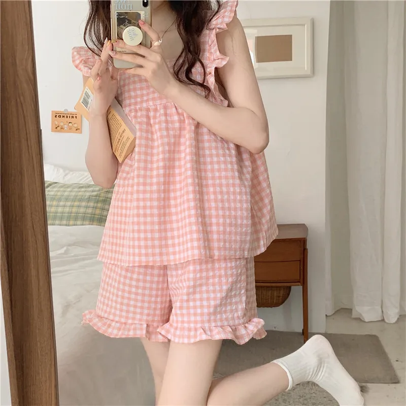 

Cute Pink Plaid Pajama Set Square Collar Tops Ruffles Home Clothes Sleepwear Elastic Waist Shorts Student Pijamas Suit D408