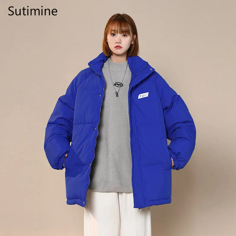 Winter Coat for Women Office Lady Black Solid Winter Loose Thickened Stand Collar Cotton Padded Jacket Zipper Winter Coat Women