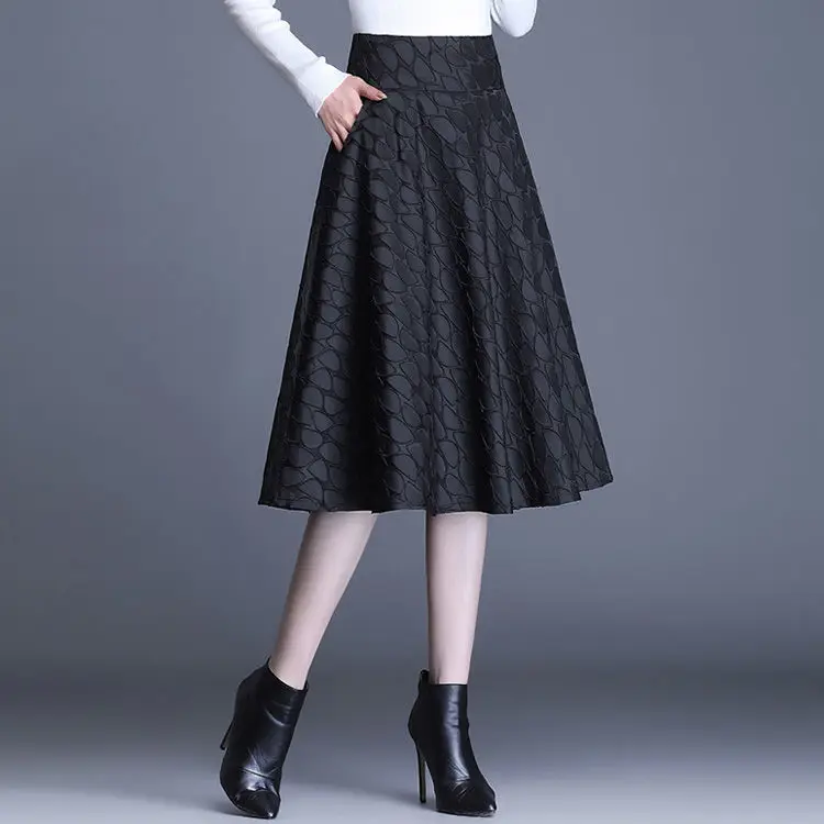 

2022 Spring Summer Women's New Mid-length Jacquard Skirts Female High Waist A-line Skirts Ladies Pockets Pleated Skirts I279