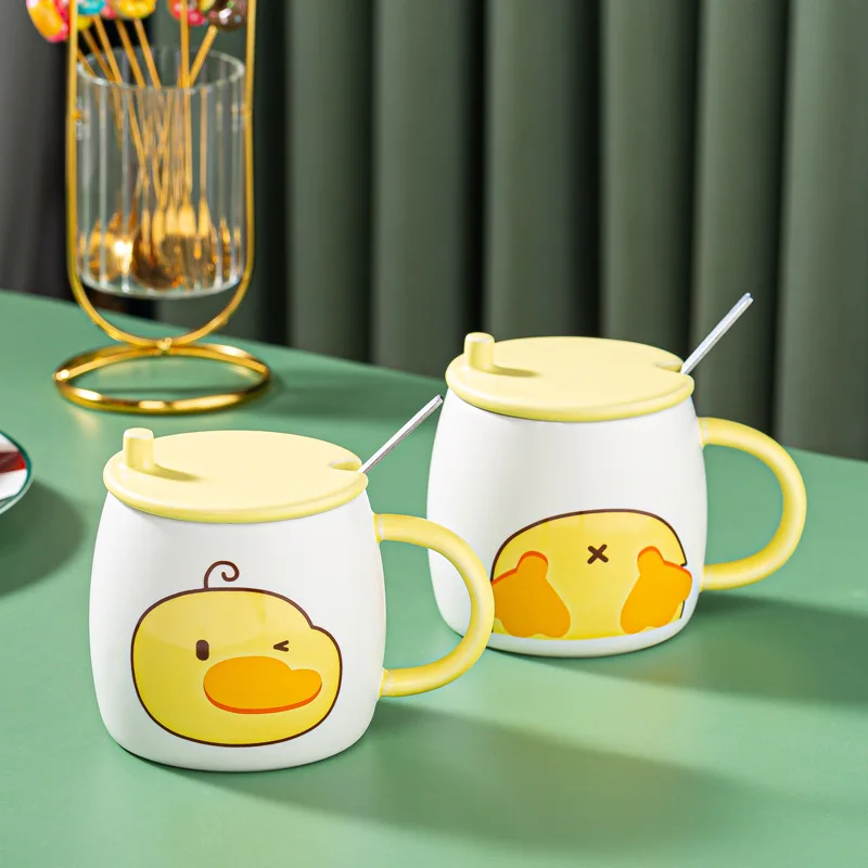 

Cute Cartoon Duck Ceramic Mug With Lid Spoon Set Office Home School Large Capacity Coffee Milk Water Cup Gift