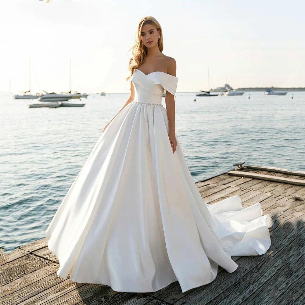 

TIXLEAR Simple Elegant Beach Satin Wedding Dress Bride 2022 A-Line Princess Off Shoulder Bridal Gown Vestido De Novia Cheap