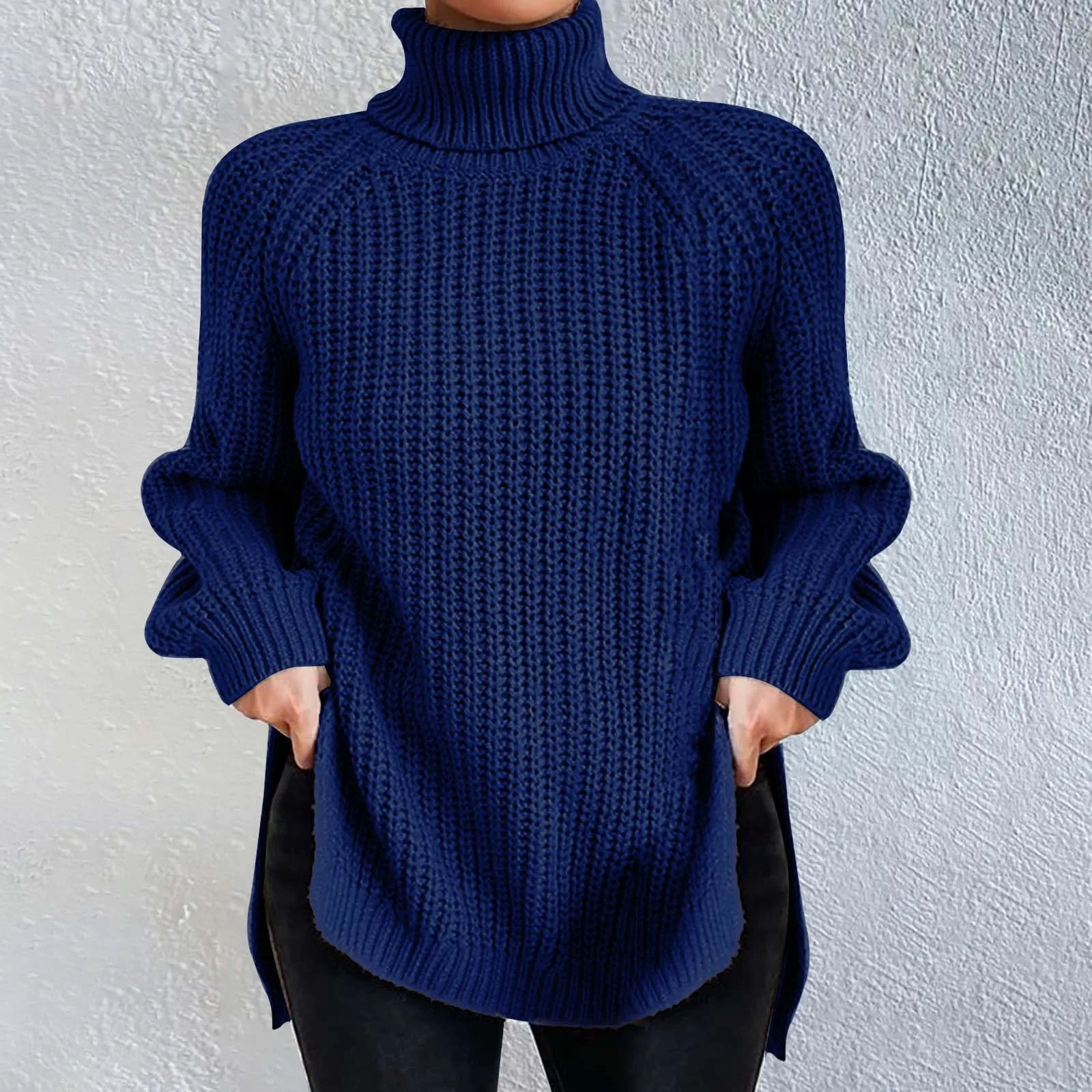 Модный однотонный пуловер с высоким воротом женский свободный крой повседневный