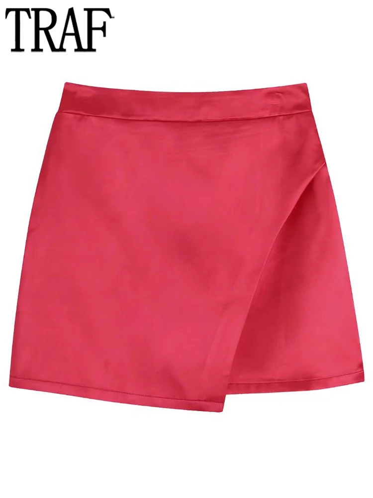 

TRAF Pink Wrap Mini Skirts Womens 2022 Satin High Waist Skirt Women Summer Sexy Short Skirt Woman Fashion Streetwear Women Skirt