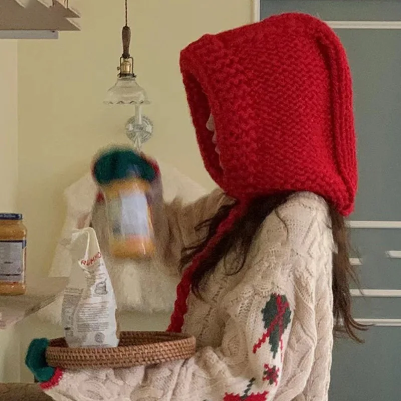 

New Red Bomber Hat Korean Autumn and Winter Christmas Atmosphere Knitted Women's Caps Retro Cute Thickened Warm Beanie Hats