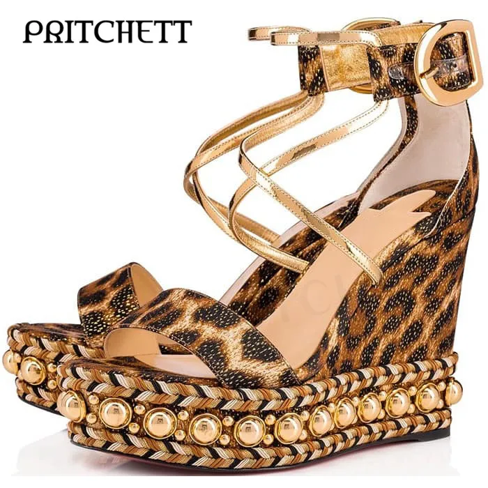 Luxury Leopard Print Wedge Platform Sandals Gold Pearl Metal Buckle One Word Strap Sandals Cross Thin Strap Fashion Women's Shoe
