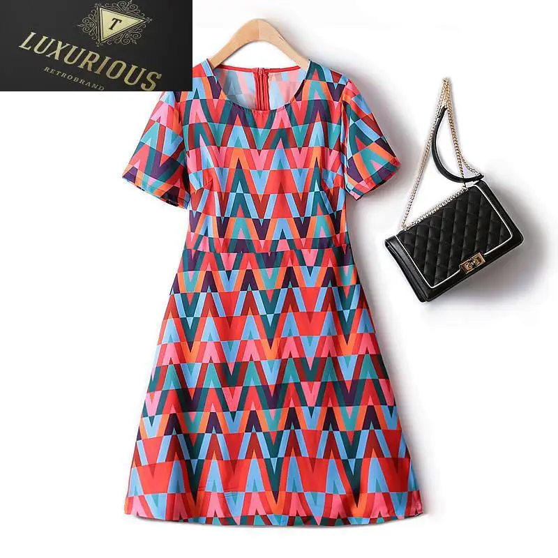 

Summer Dresses Woman 2024 New Colorful Diamond Lattice High Waist Slim Chiffon Korean Fashion Chic And Elegant Women Dress 4XL