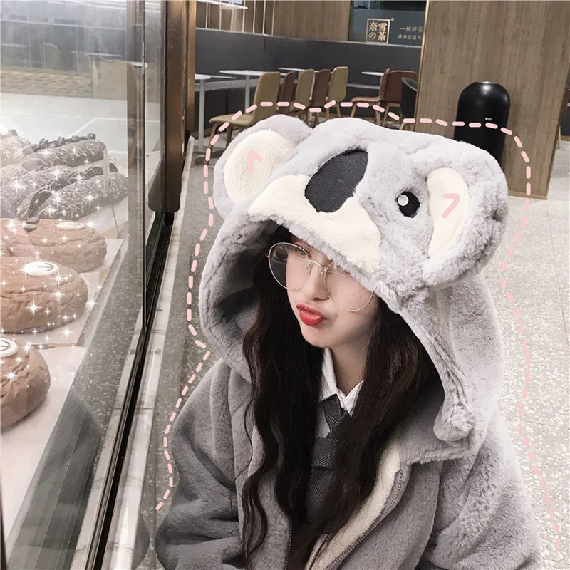 Sweet Koala Coats Autumn Winter Zipper Coat Sweet Hooded Kawaii Harajuku Loose Pocket Hoodies Womens Fleece Flannel Female 2023