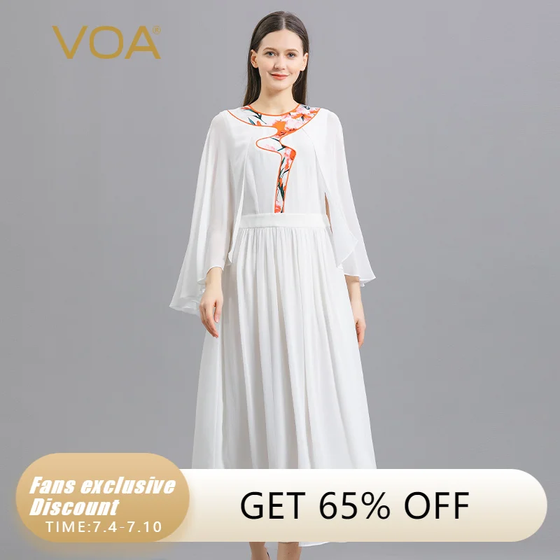 

VOA Silk 30m/m Heavy Milk White Solid Color Elegant Dresses Women Antique Print Texture Soft Waxy Mid-length Woman Dress AE1296