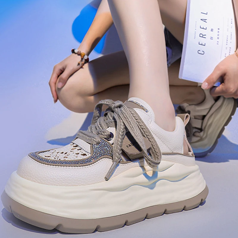 5cm Lace Rhinestone Decor Genuine Leather Slides Hollow Ladies Summer Breathable Ankle Boots Women Platform Sandals Wedge Shoes