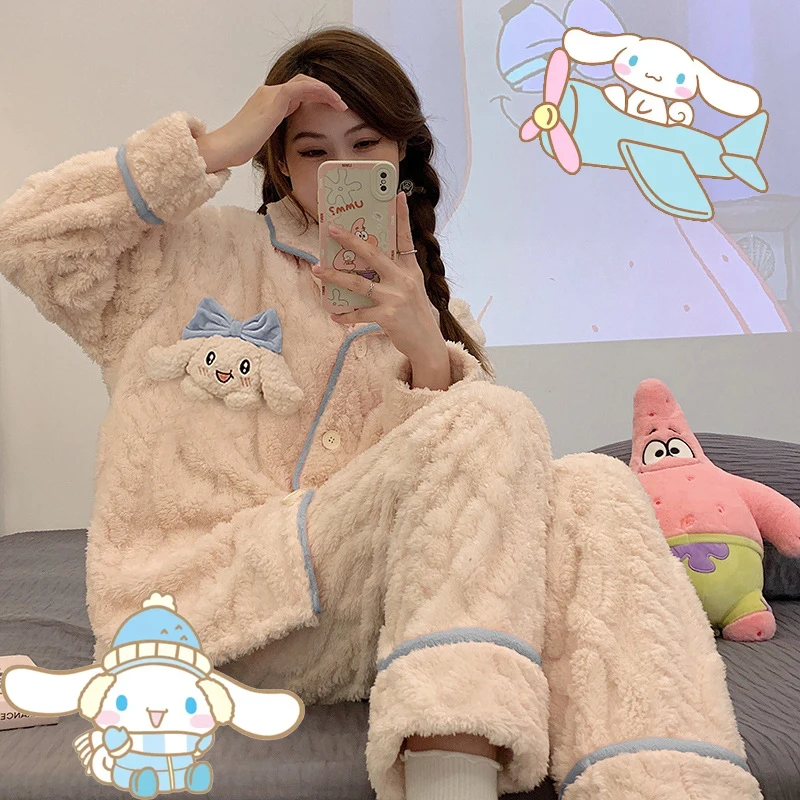 Sanrio Cinnamoroll Plush Pajamas Winter New Coral Velvet Large Size Home Suit Padded Thickened Student Dormitory Warm Sleepwears