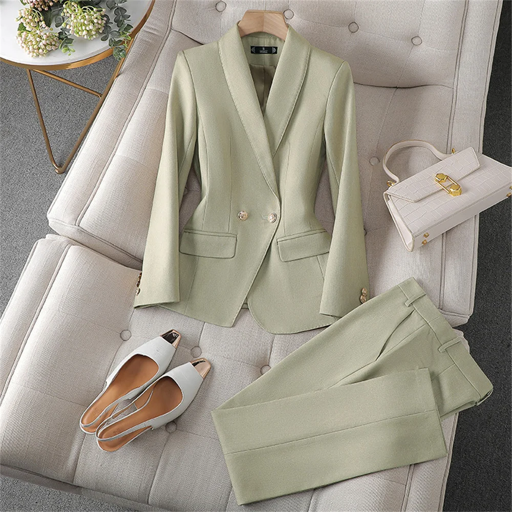 Elegant Women Blazer Pant Sets Red Orange Black Green Jacket Trouser 2 Piece Set Formal Office Lady Work Wear Business Suits