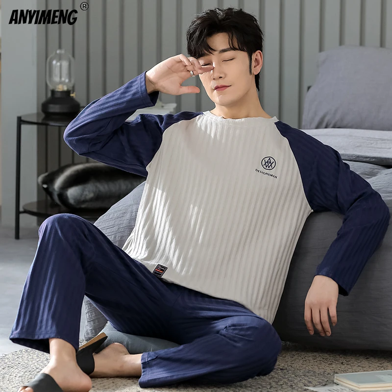 Пижамы мужские хлопковые размера плюс пижамы пуловер с длинным рукавом