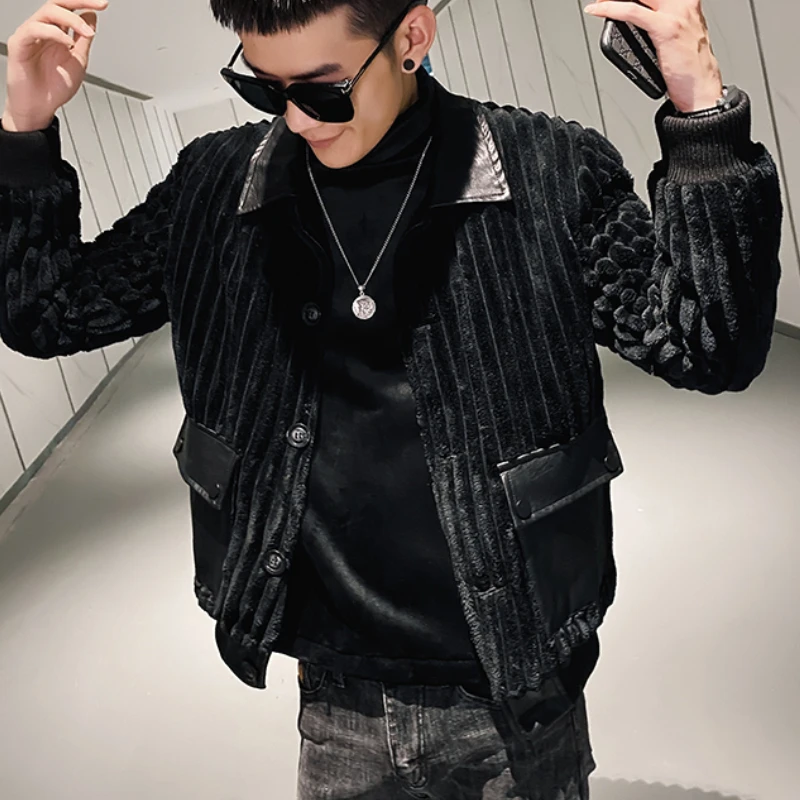 2022 Winter Corduroy PU Patchwork Jacket Men Fashion Streetwear Parka Jackets Lapel Slim Casual Business Overcoat Men Clothing