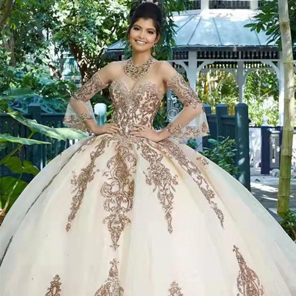 

Champagne Cheap Quinceanera Dresses Ball Gown Off The Shoulder Tullw Appliqued Puffy Sweet 16 Dress