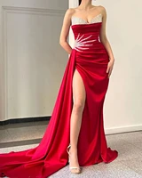 new arrival sweetheart red satin evening dresses long custom made silver beaded sexy long pleated dress