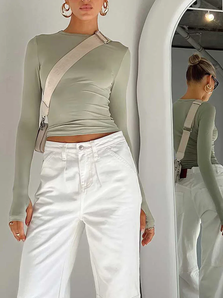 Модная женская футболка с длинным рукавом и круглым вырезом однотонный