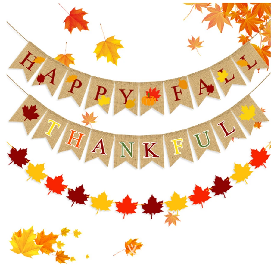 

Thanksgiving Party Maple Leaf Pumpkin Banner Letter HAPPY FALL Colorful THANKFUL Garlands Non woven Maple Leaf Party DIY